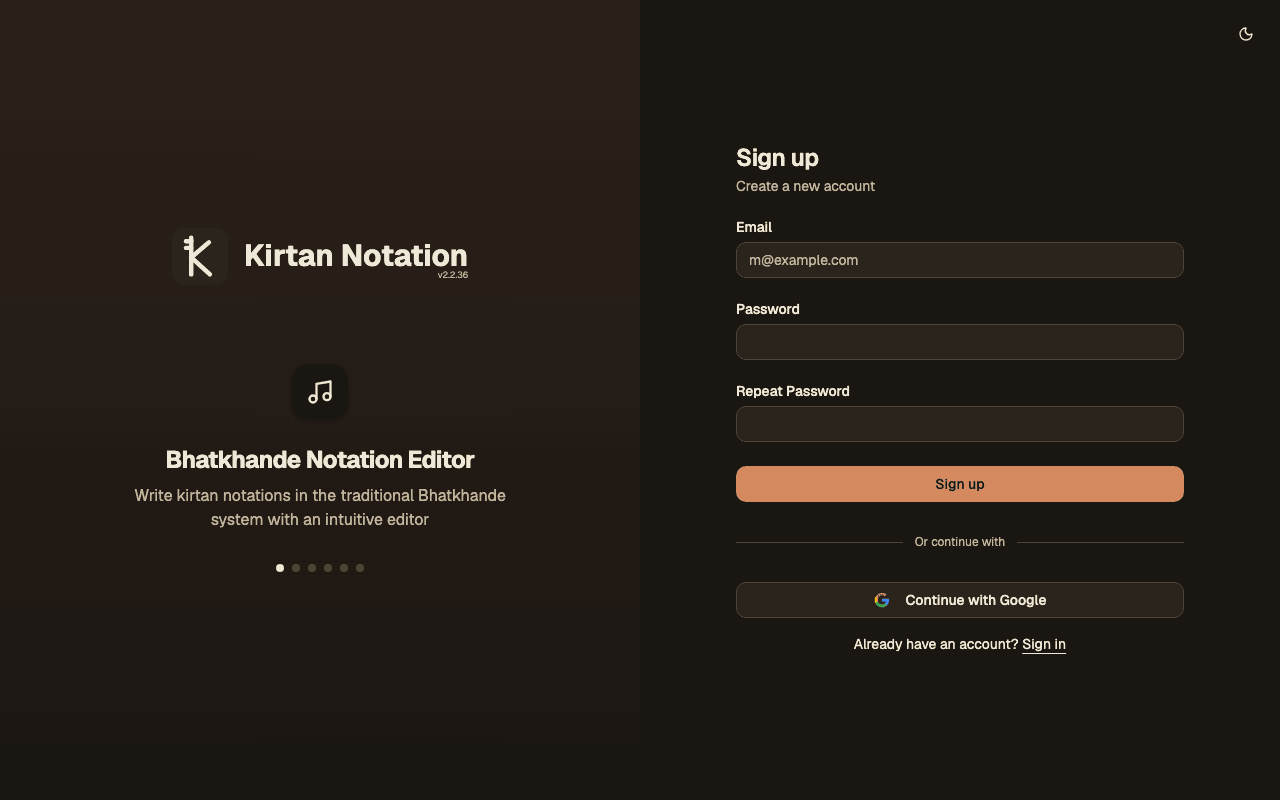 Sign up page