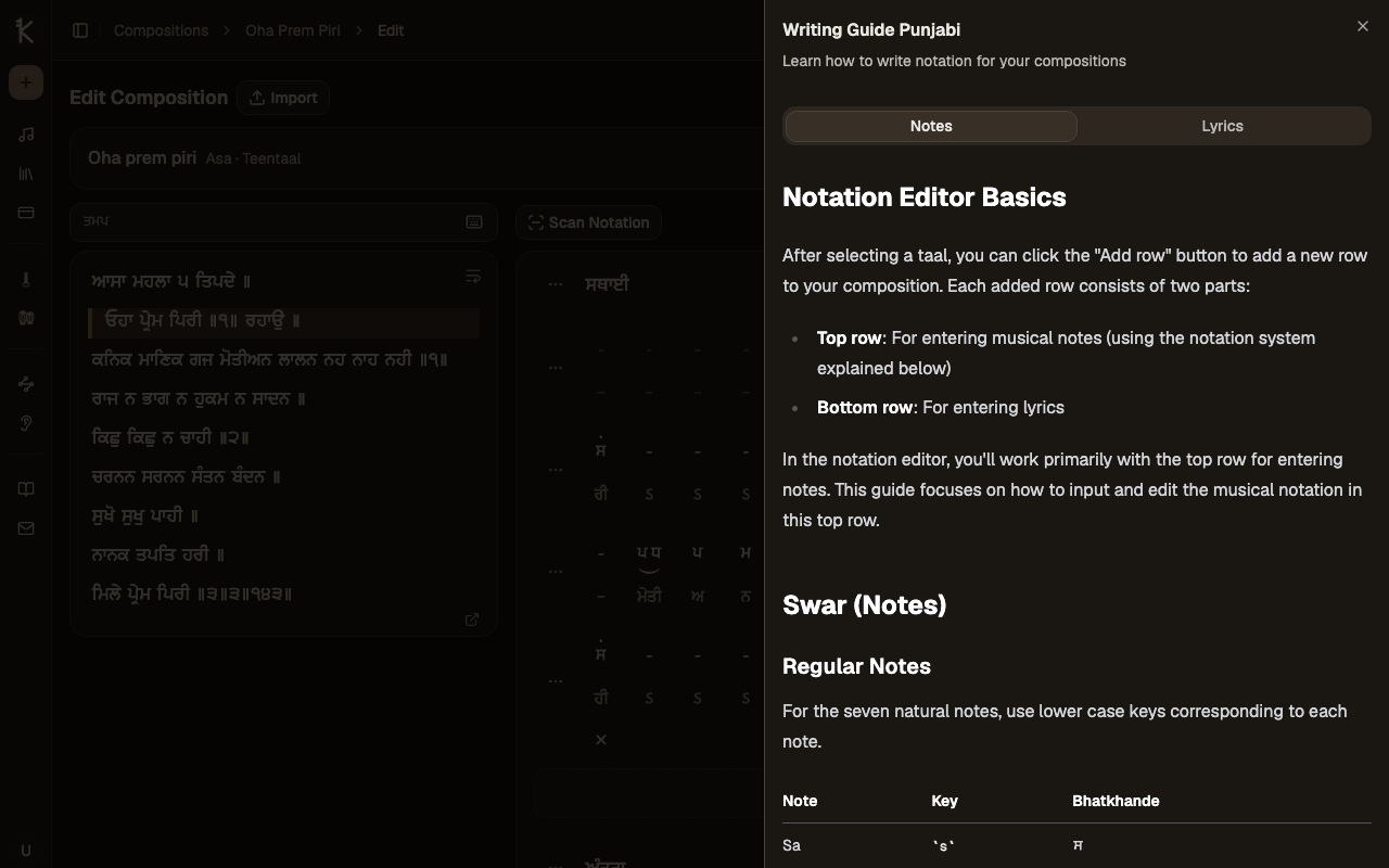 Notation guide sheet with reference