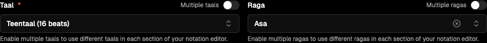 Raga and Taal selector dropdowns